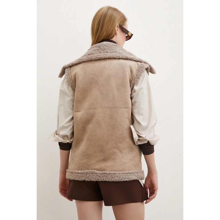 Süet Yünlü Deri Yelek Vizon