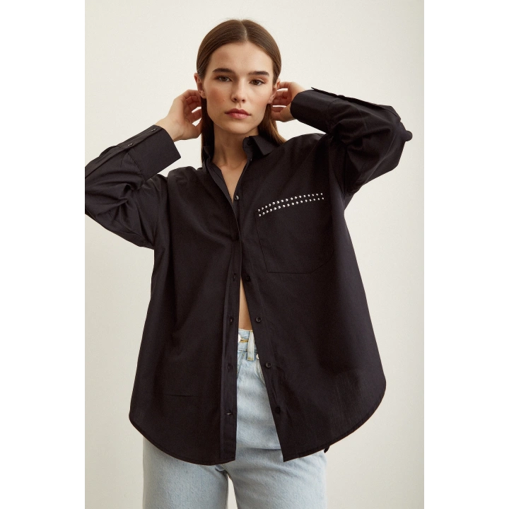 Taş Detaylı Poplin Gömlek Siyah