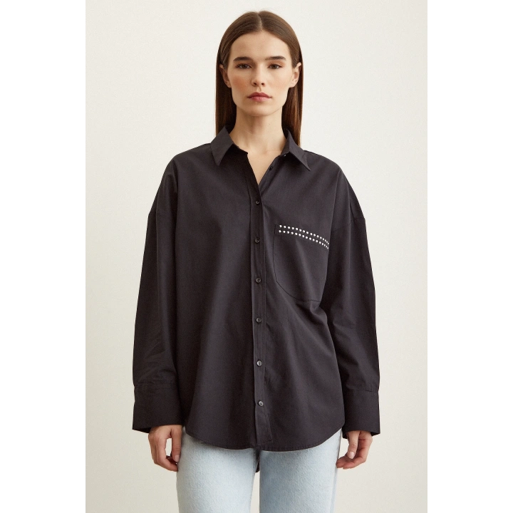 Taş Detaylı Poplin Gömlek Siyah