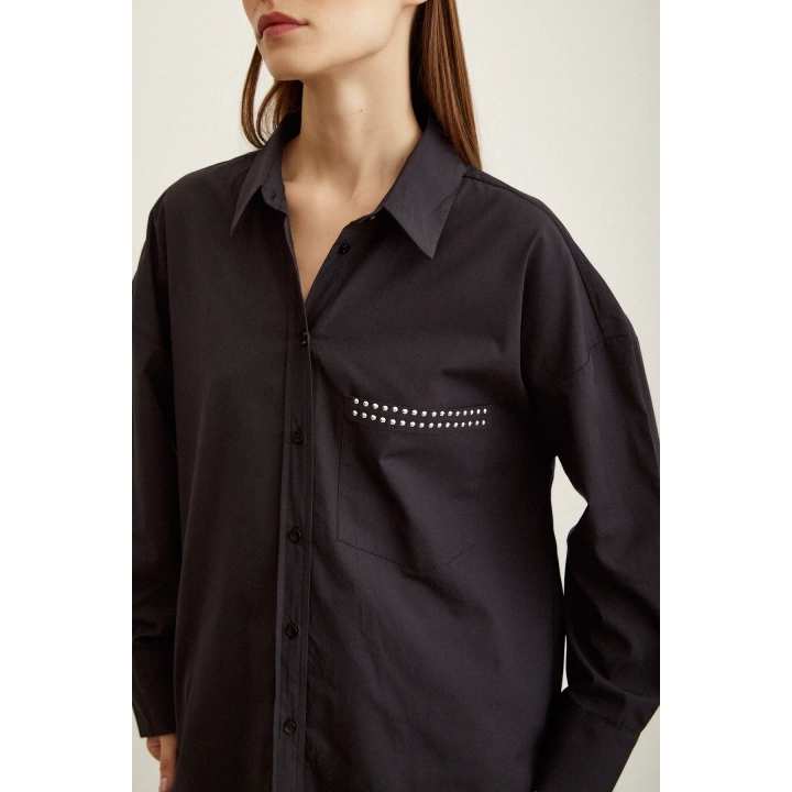 Taş Detaylı Poplin Gömlek Siyah