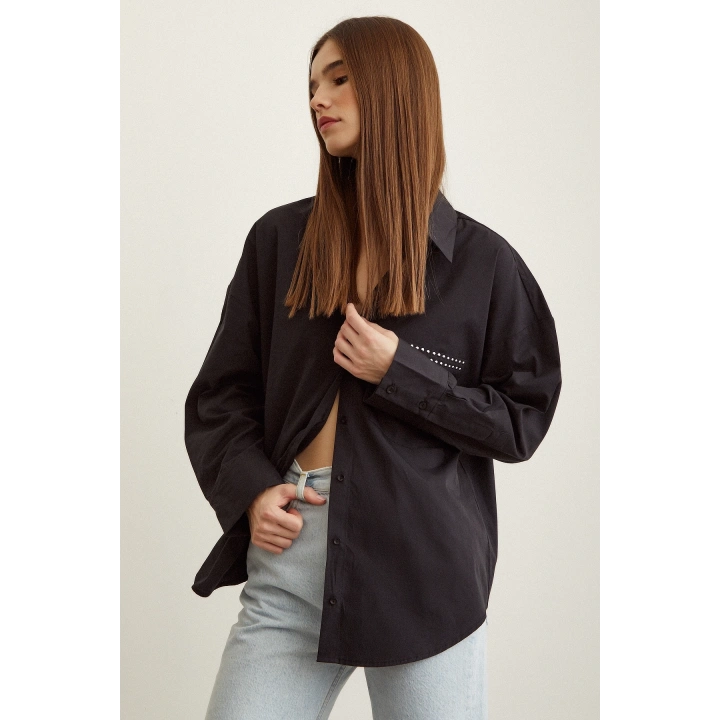 Taş Detaylı Poplin Gömlek Siyah