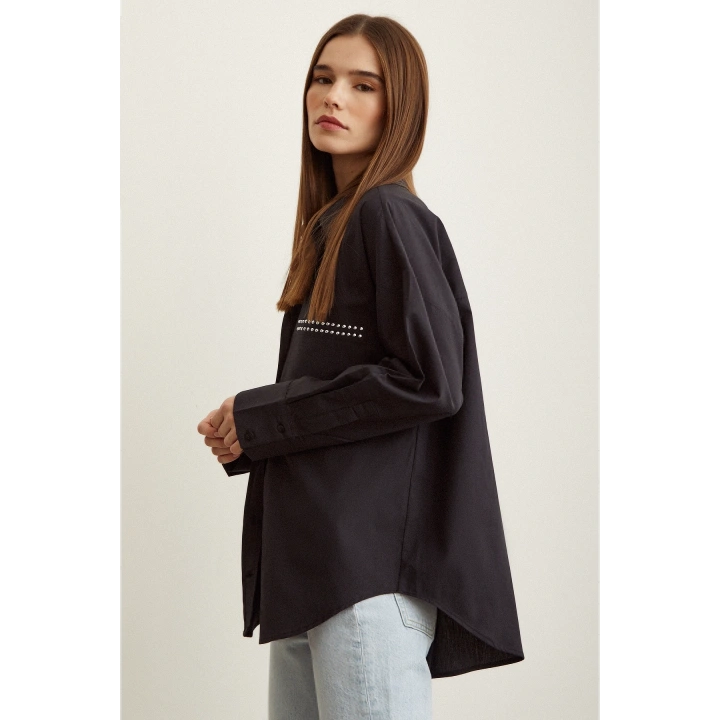 Taş Detaylı Poplin Gömlek Siyah