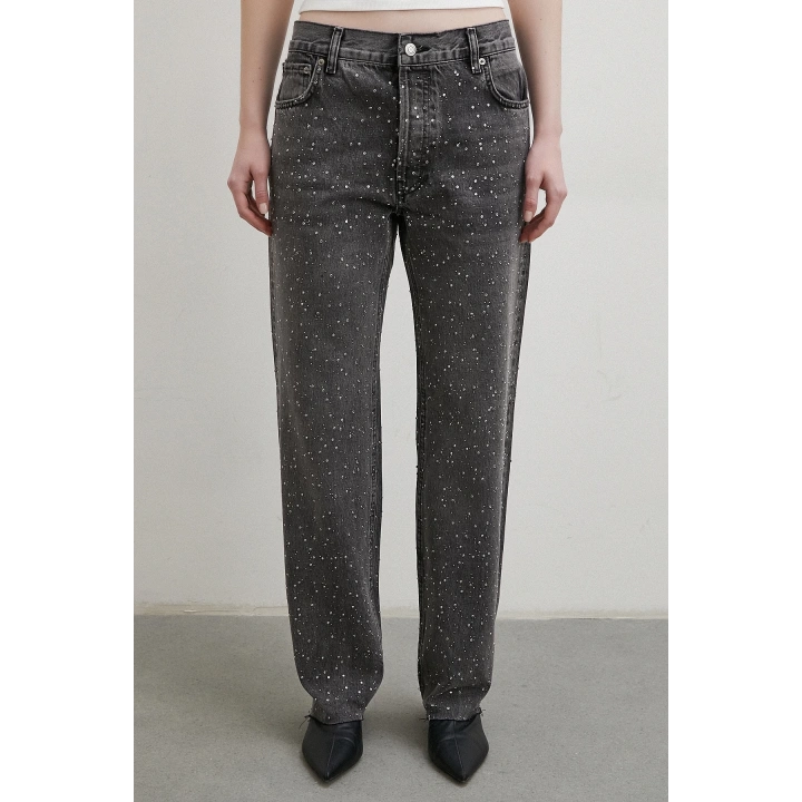 Taş İşlemeli Kesik Paça Jean Gri