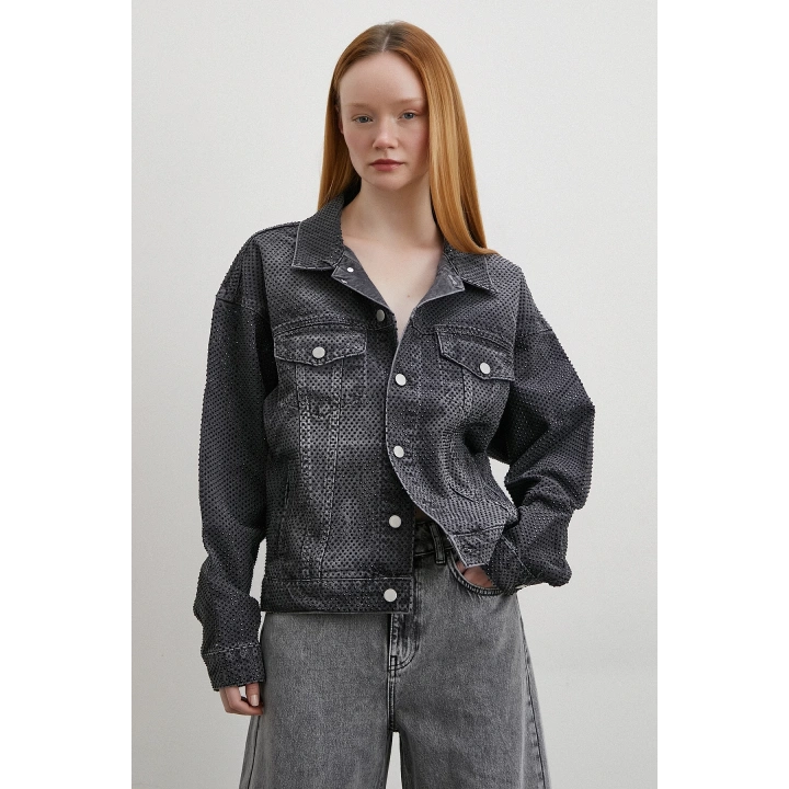 Taş İşlemeli Kot Ceket Antirasit