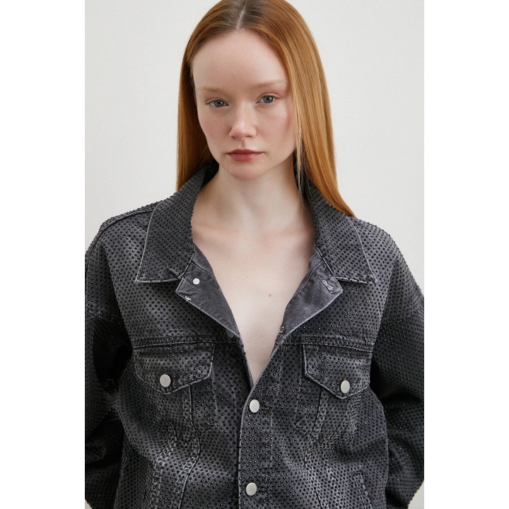 Taş İşlemeli Kot Ceket Antirasit