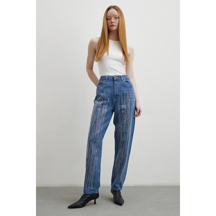 Taş İşlemeli Mom Jean Mavi