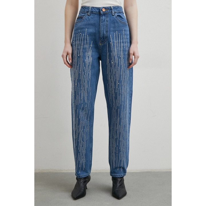 Taş İşlemeli Mom Jean Mavi