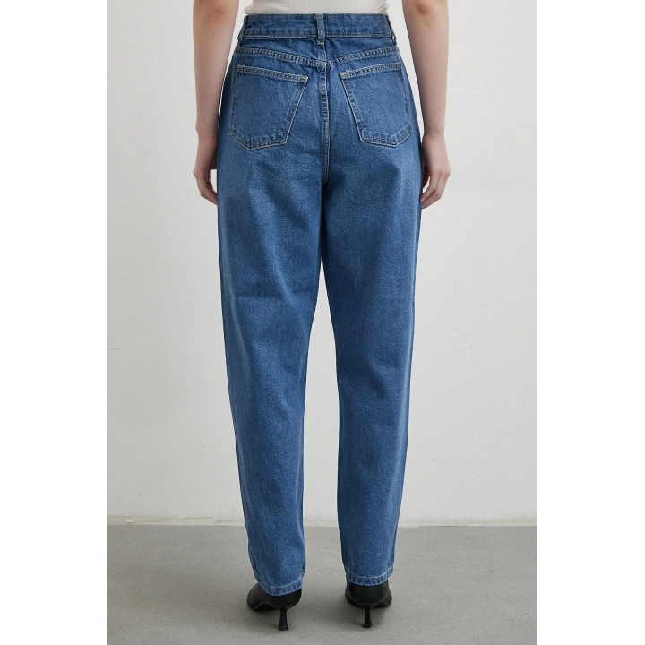 Taş İşlemeli Mom Jean Mavi