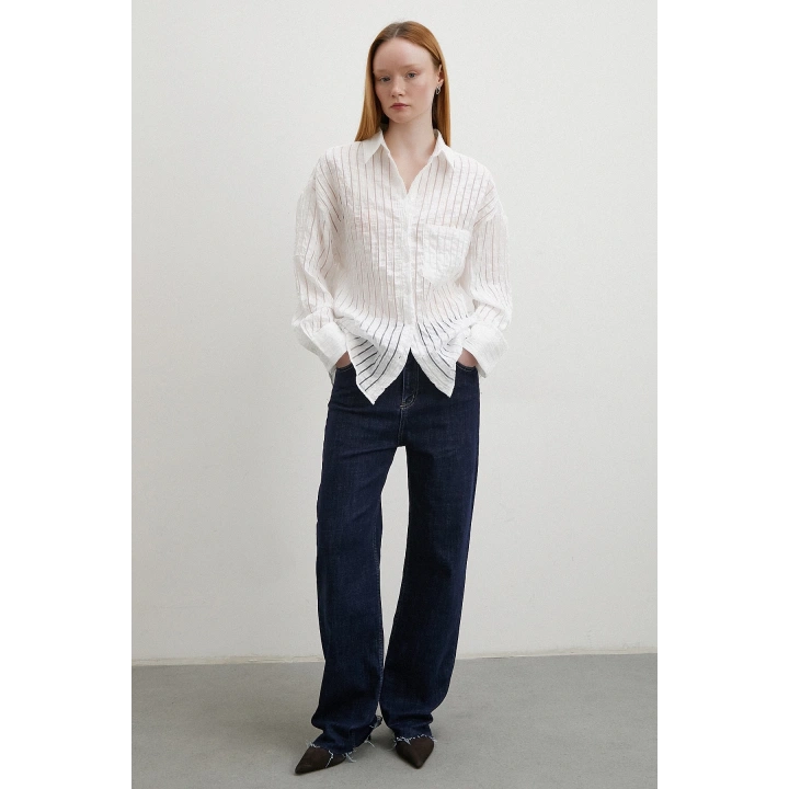 Transparan Çizgili Gömlek Beyaz