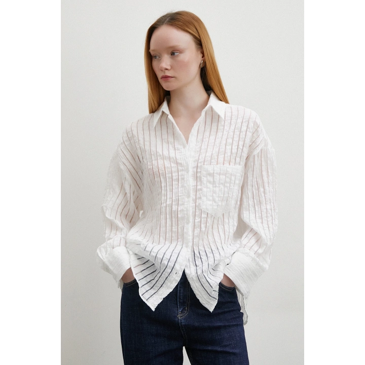 Transparan Çizgili Gömlek Beyaz