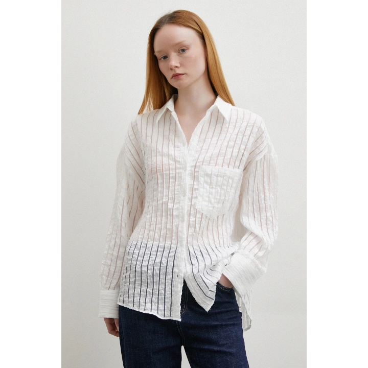 Transparan Çizgili Gömlek Beyaz