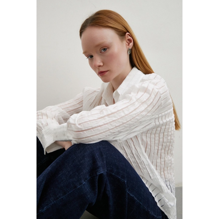 Transparan Çizgili Gömlek Beyaz