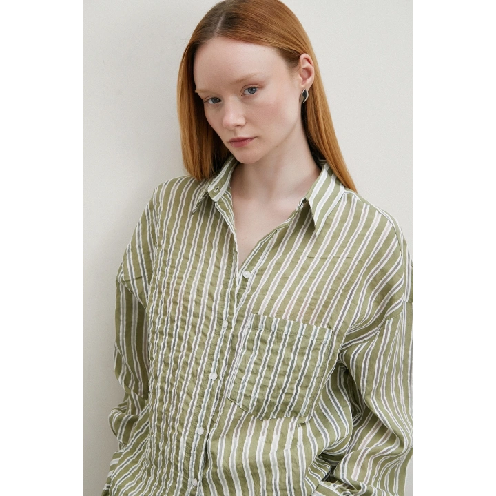 Transparan Çizgili Gömlek Haki