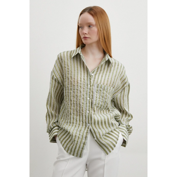 Transparan Çizgili Gömlek Haki
