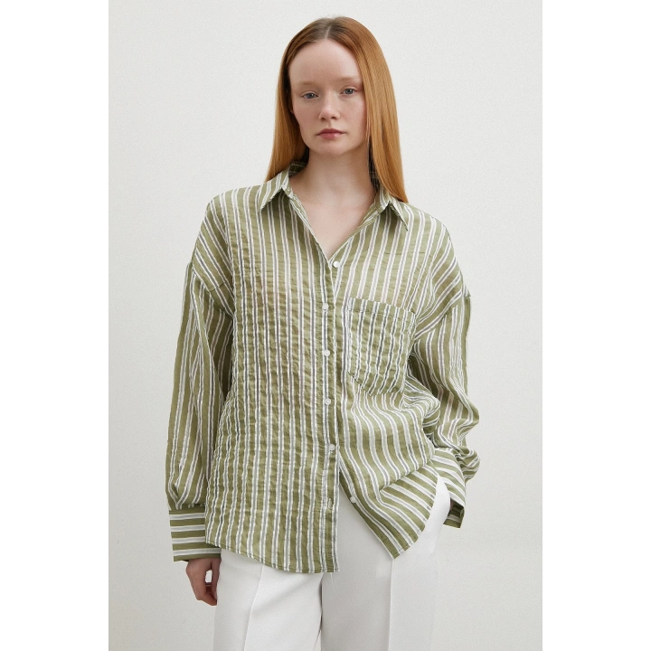 Transparan Çizgili Gömlek Haki