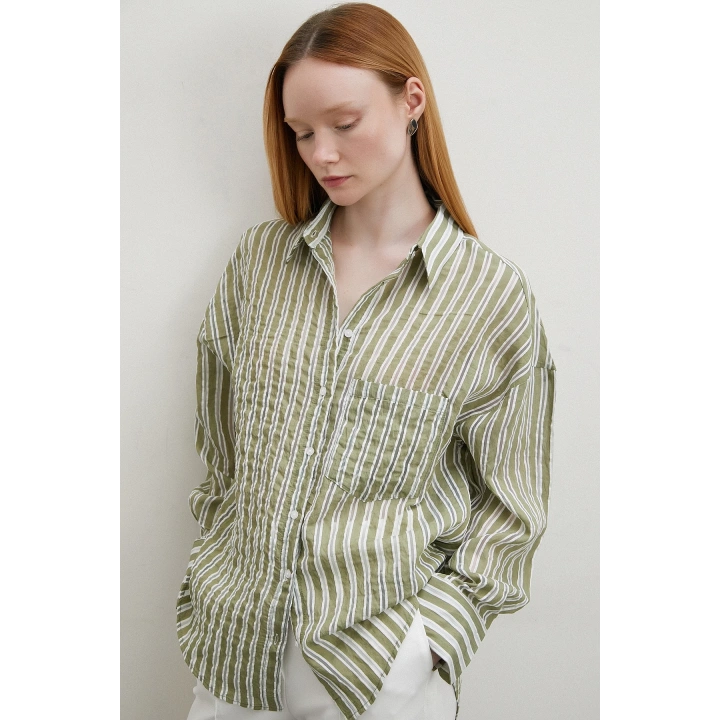 Transparan Çizgili Gömlek Haki