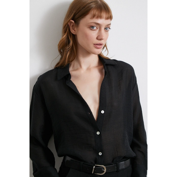 Transparan Saten Gömlek Siyah