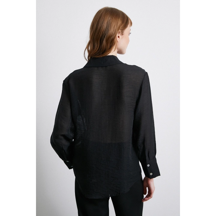 Transparan Saten Gömlek Siyah