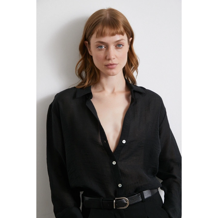 Transparan Saten Gömlek Siyah