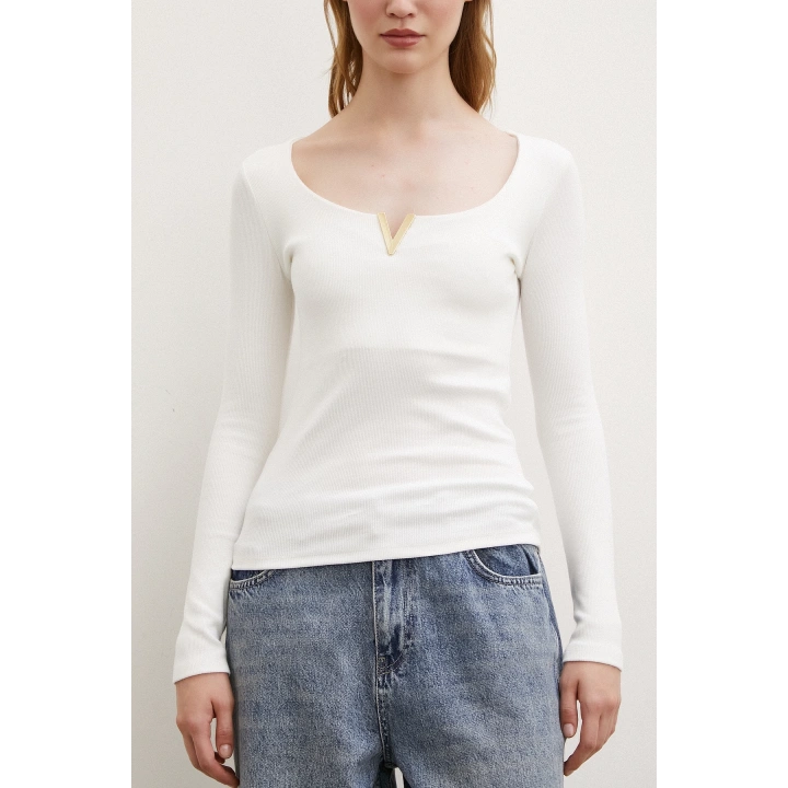 V Dekolteli Uzun Kollu Bluz Beyaz