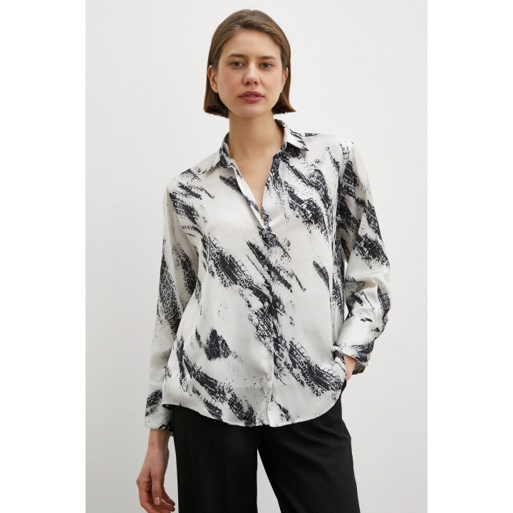 V Yaka Baskılı Saten Gömlek Ekru