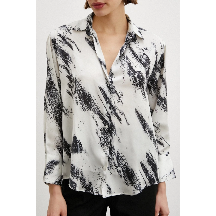 V Yaka Baskılı Saten Gömlek Ekru