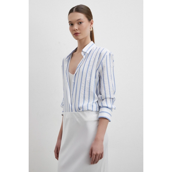 V Yaka Çizgili Modal Gömlek Mavi