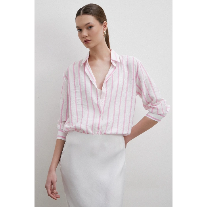 V Yaka Çizgili Modal Gömlek Pembe