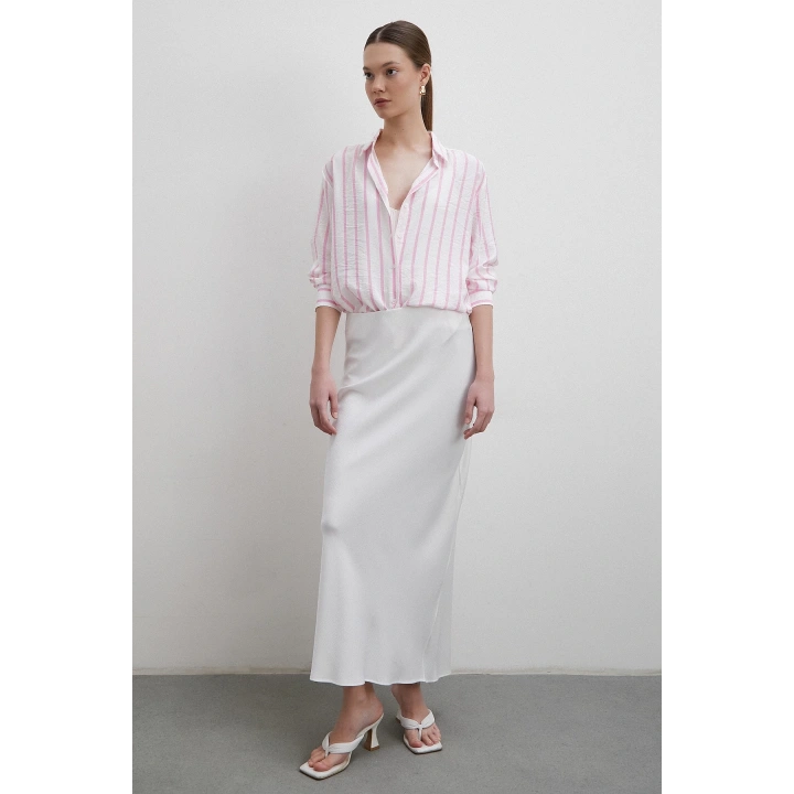V Yaka Çizgili Modal Gömlek Pembe