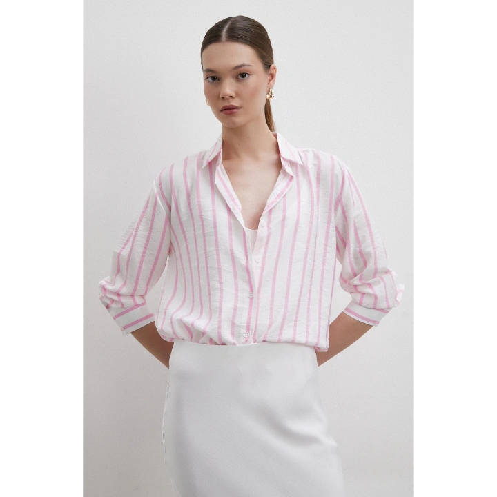 V Yaka Çizgili Modal Gömlek Pembe