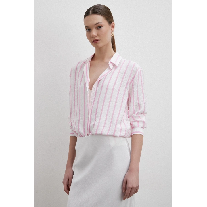 V Yaka Çizgili Modal Gömlek Pembe
