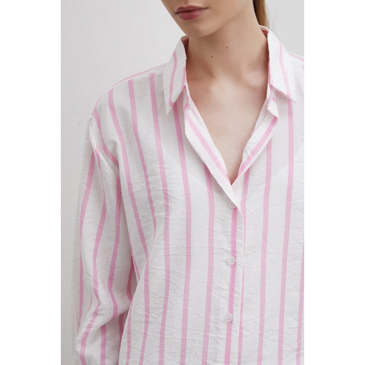 V Yaka Çizgili Modal Gömlek Pembe