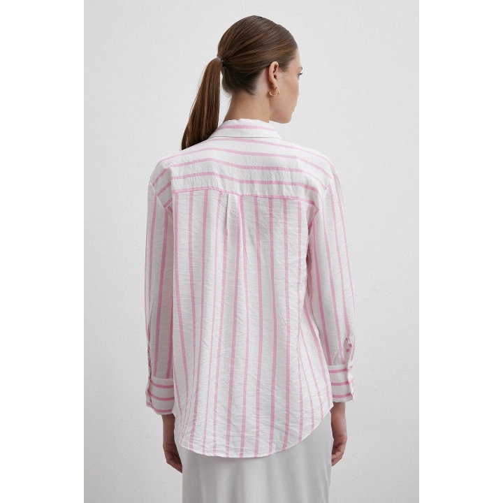 V Yaka Çizgili Modal Gömlek Pembe