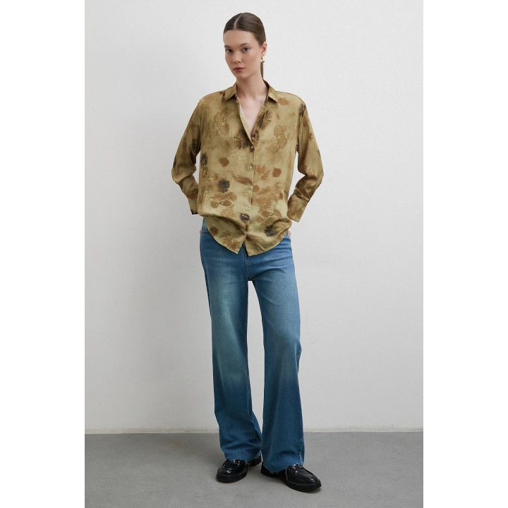 V Yaka Desenli Gömlek Haki