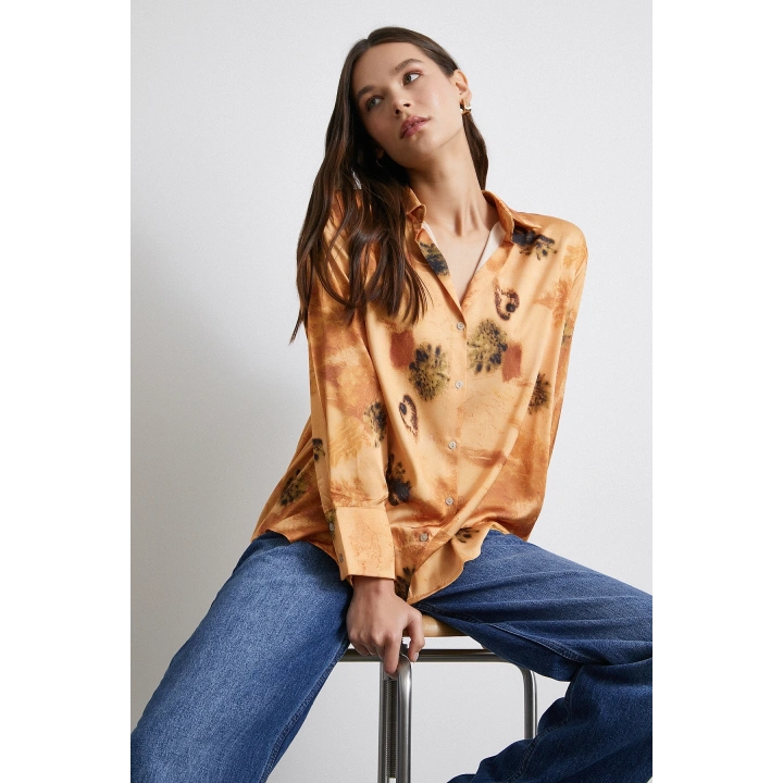 V Yaka Desenli Gömlek Somon