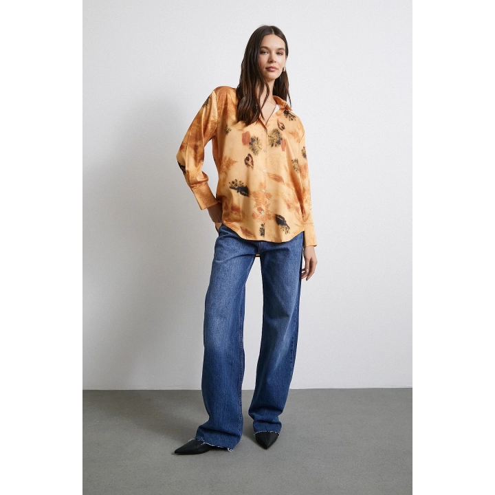 V Yaka Desenli Gömlek Somon