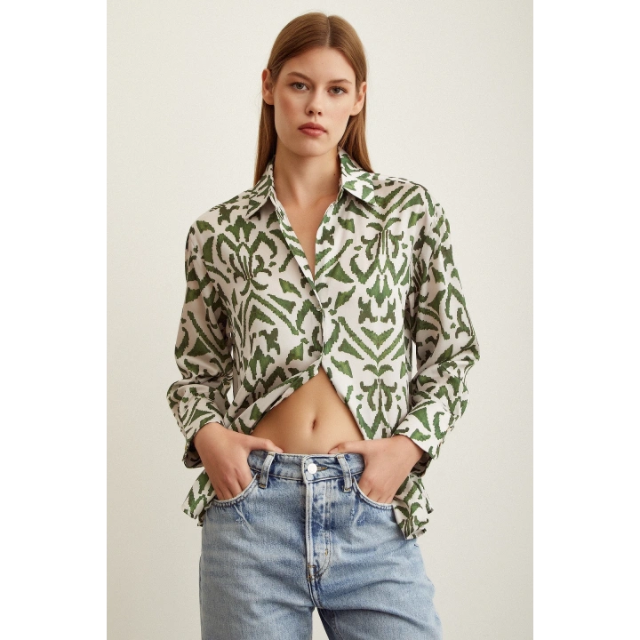V Yaka Desenli Saten Gömlek Haki