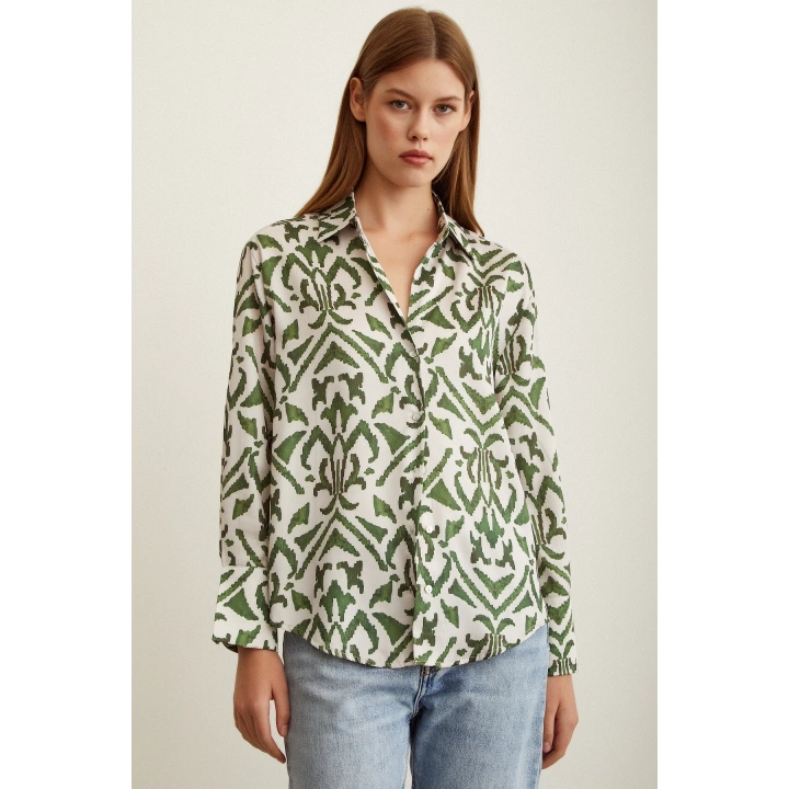 V Yaka Desenli Saten Gömlek Haki