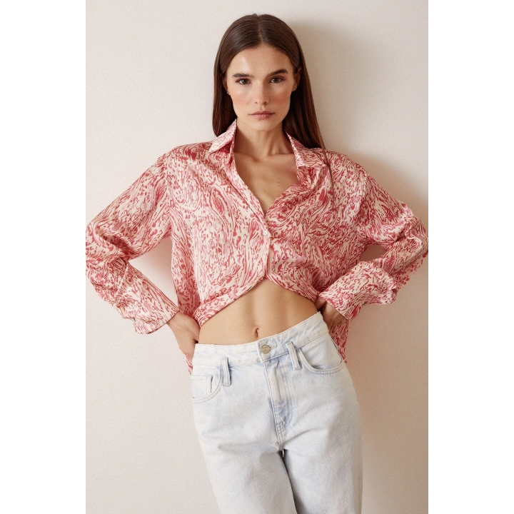 V Yaka Desenli Saten Gömlek Kırmızı