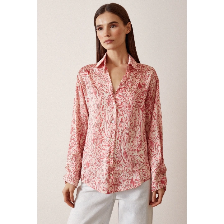 V Yaka Desenli Saten Gömlek Kırmızı