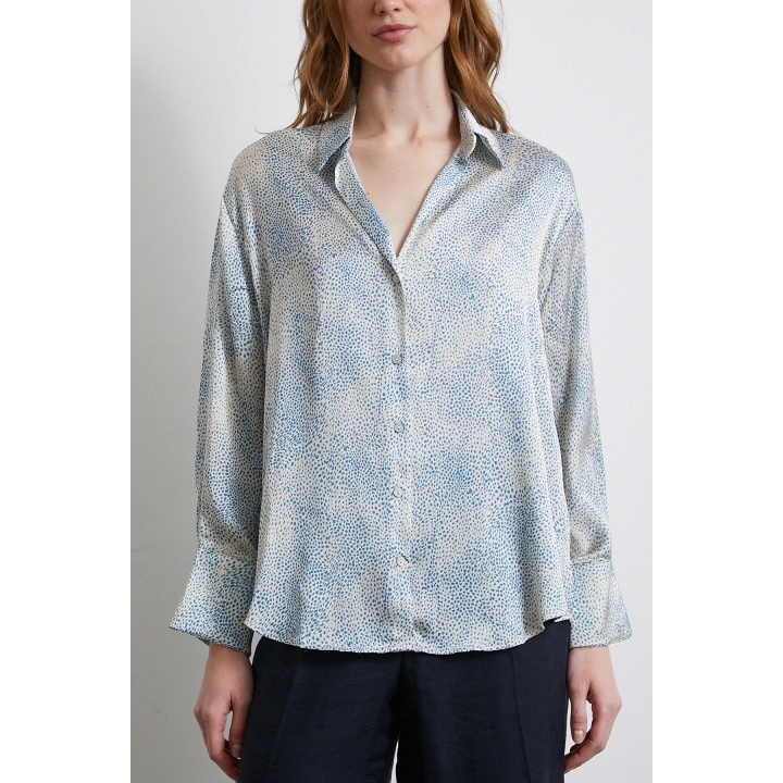 V Yaka Desenli Saten Gömlek Mavi