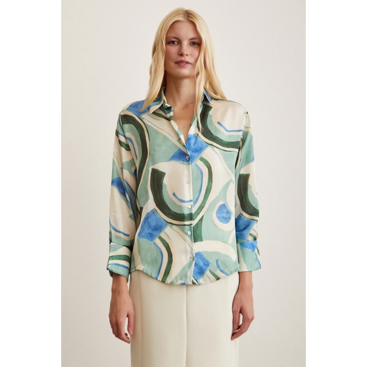 V Yaka Desenli Saten Gömlek Mavi