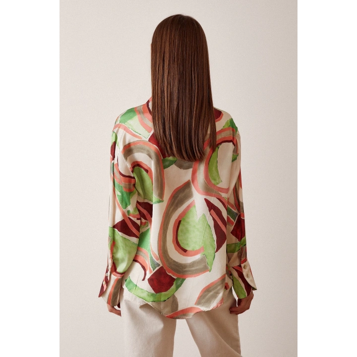 V Yaka Desenli Saten Gömlek Mint