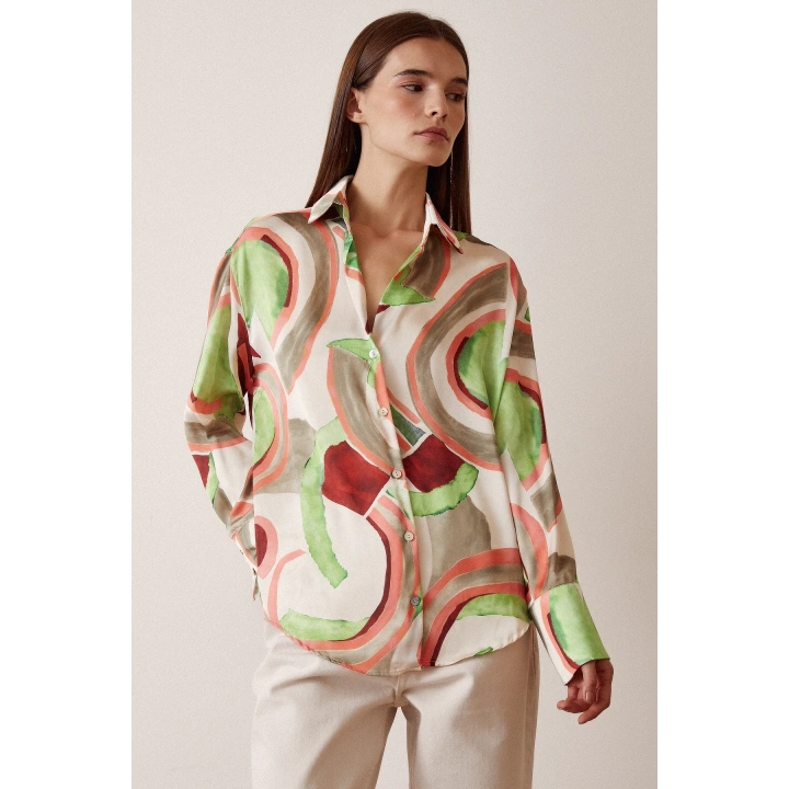 V Yaka Desenli Saten Gömlek Mint