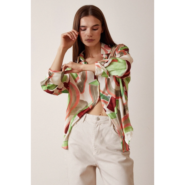 V Yaka Desenli Saten Gömlek Mint