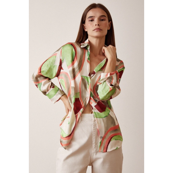 V Yaka Desenli Saten Gömlek Mint