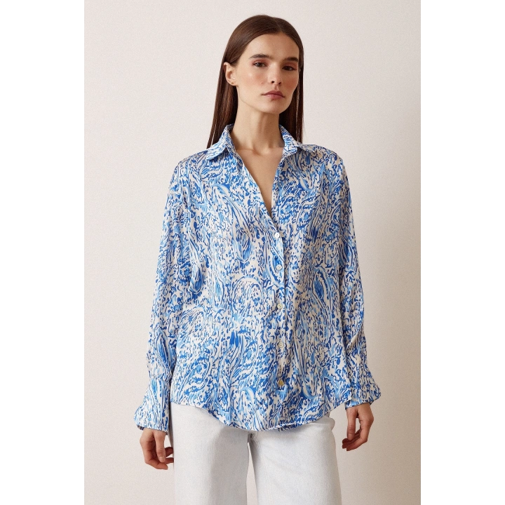 V Yaka Desenli Saten Gömlek Saks