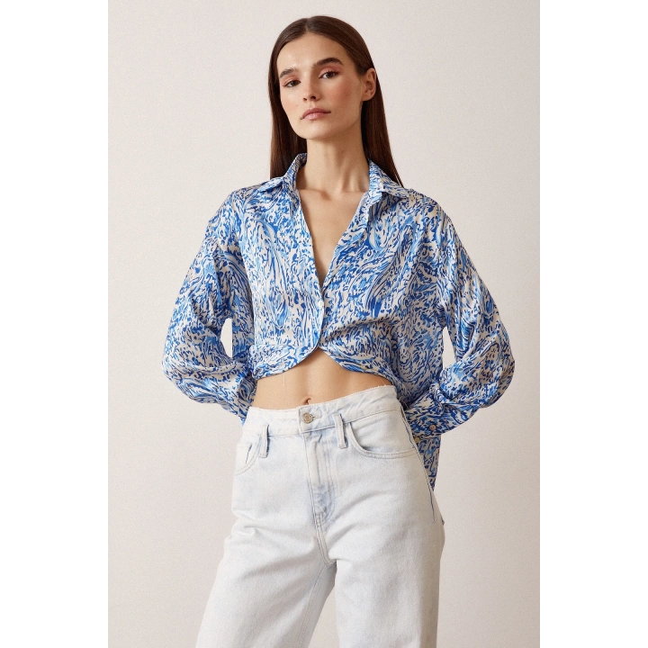 V Yaka Desenli Saten Gömlek Saks