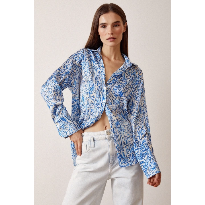 V Yaka Desenli Saten Gömlek Saks