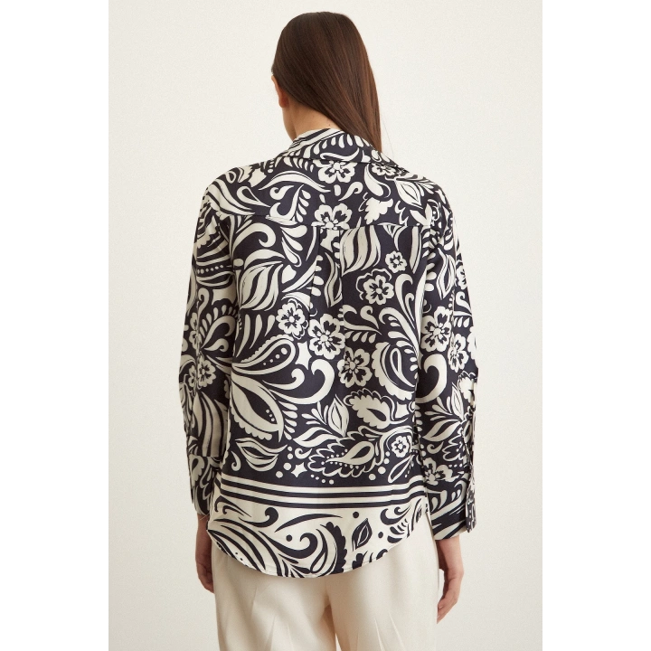 V Yaka Desenli Saten Gömlek Siyah